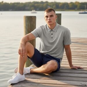 VRST Mens Performance Polo Shirt Grey Short Sleeve Perforated Stretch Size L